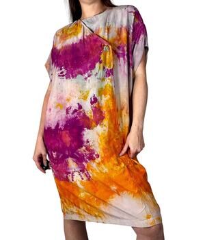 Hand Dyed Vintage Dress Vintage 80s Lzinga Silk Shift Dress Orange Magenta